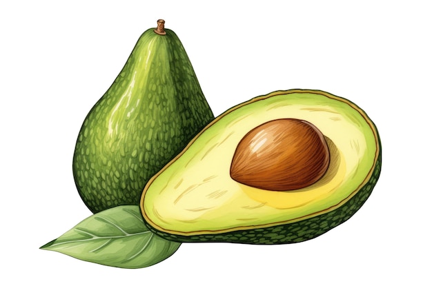 Waterverfillustratie van een geïsoleerde avocado op een witte achtergrond