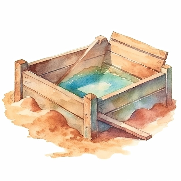 Waterverfillustratie van een houten trog met aquarellen.