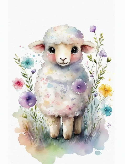 Waterverfillustratie van een schaap met bloemen