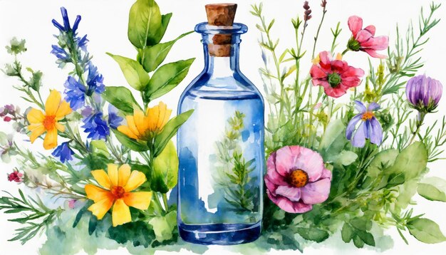 Waterverfillustratie van glazen fles met bloemen en kruiden