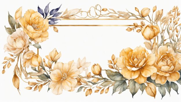 Waterverfillustratie van gouden ronde framerand met elegante bloemen