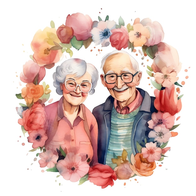 Waterverfillustratie van grootouders met bloemen