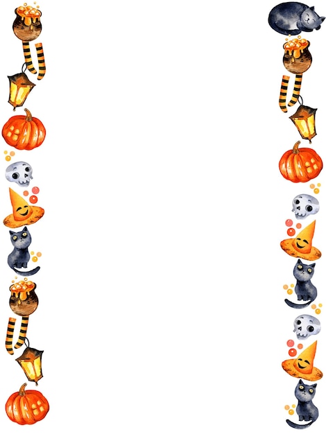 Foto waterverfillustratie van halloween-thema met de schedelruimte van de zwarte katpompoendrank voor tekst