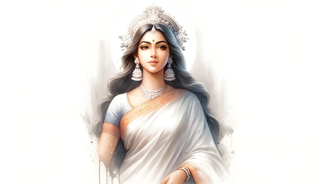 Waterverfillustratie van het portret van de godin Saraswati