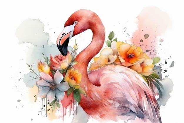 Waterverfillustratie van schattige flamingo omringd door bloemen en spatten van aquarelverf op witte achtergrond generatieve AI