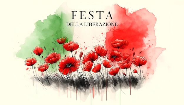 Waterverfillustratie voor de Italiaanse bevrijdingsdag met de vlag van Italië en rode papaver