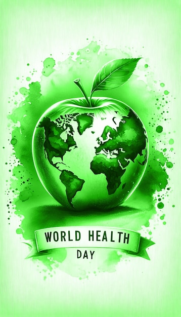 Foto waterverfillustratie voor de wereldgezondheidsdag met een aardbolvormige groene appel