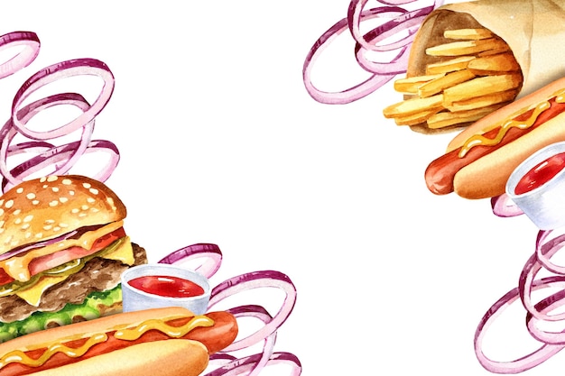 Waterverfkader met fastfoodhandgetekende illustratie van hamburger met vleesschijven van uienhotdog