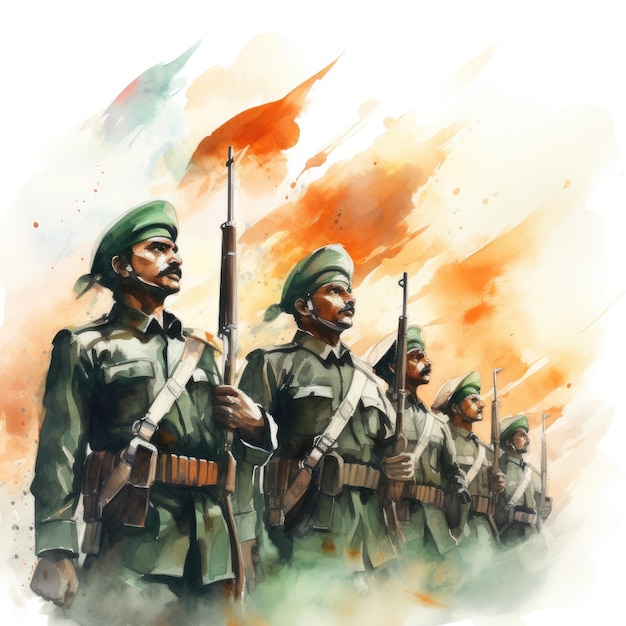 Waterverfkunst van een Indiase soldaat die de Indiase onafhankelijkheidsdag en de dag van de Indiase Republiek viert