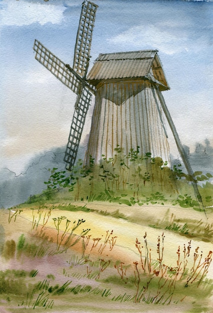 Waterverflandschap met molen