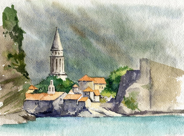 Waterverfmening van de stad Budva van Montenegro in de bergblauwe hemel en met de hand getekend gemberdak