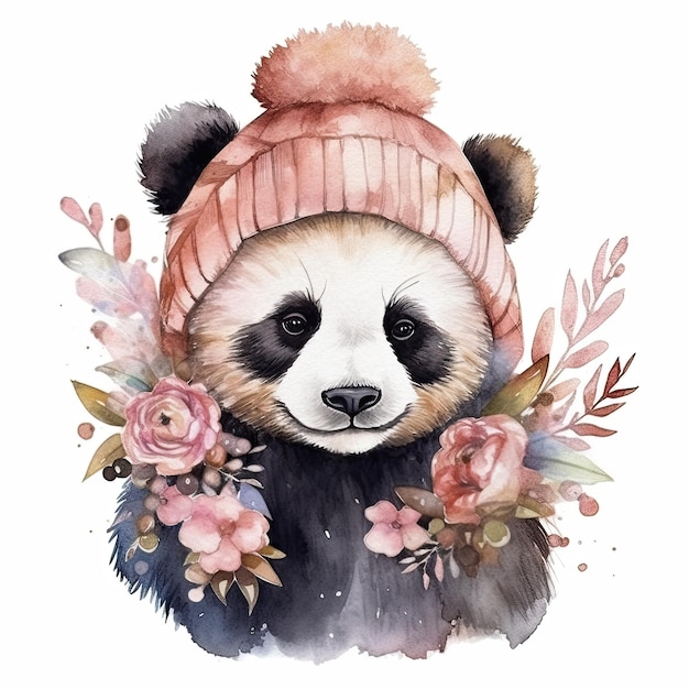 Waterverfpanda in hoed met bloemen Illustratie AI GenerativexA