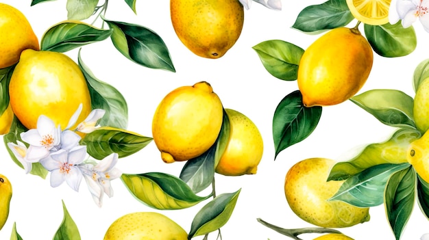 Waterverfpatroon Gele citrusvruchten Citroenbladeren en bloemen Tropische illustratie