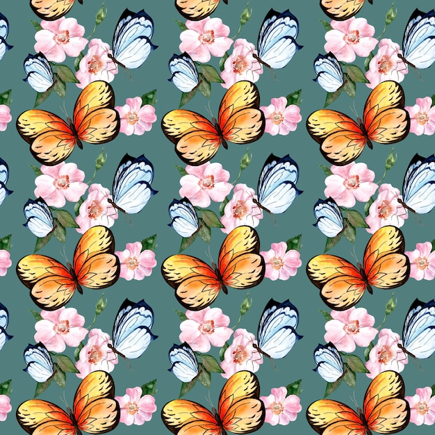 Waterverfpatroon met vlinders en bloemen Naadloos patroon voor stof en inpakpapier