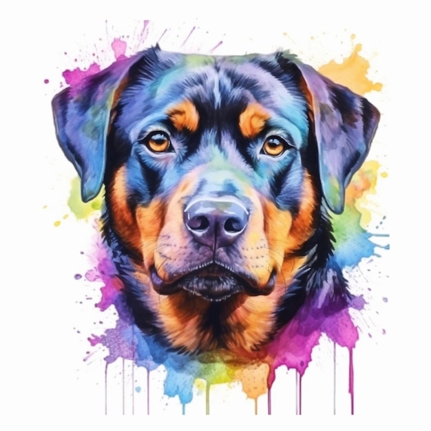 Waterverfportret van een rottweilerhond.