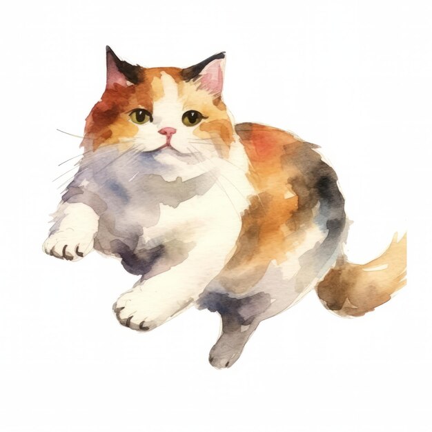 Waterverfportret van een veelkleurige kat op een witte achtergrond