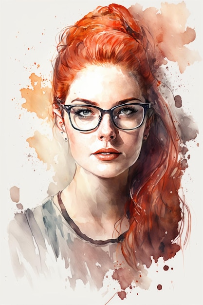 Waterverfportret van een vrouw met rood haar en een bril gemaakt met behulp van generatieve AI-technologie