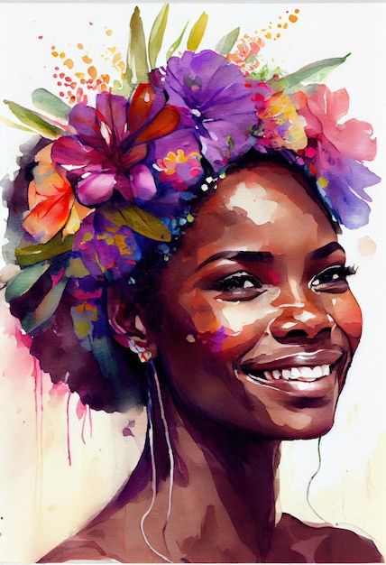 Waterverfportret van mooie Glimlachende dromerige zwarte vrouw met tropische bloemen. Generatieve AI