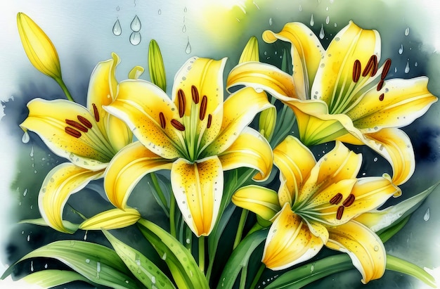 waterverfpostkaart mooie gele lelies met dauwdruppels op de bloemblaadjes