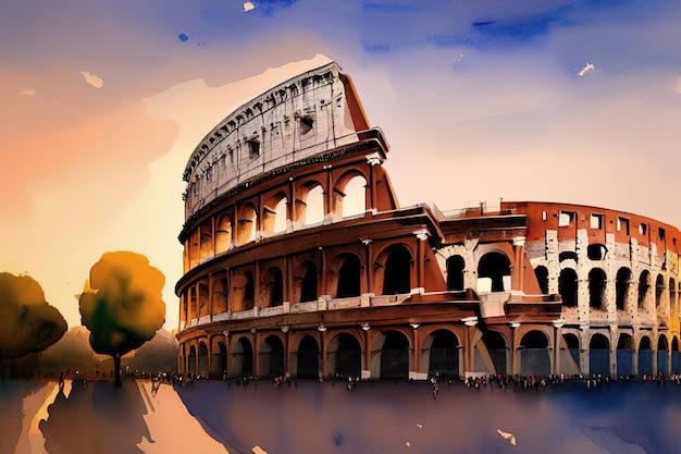 Waterverfprentbriefkaar met historisch deel van het Amfitheater Colosseum van Rome Italië kolommen Generatieve AI