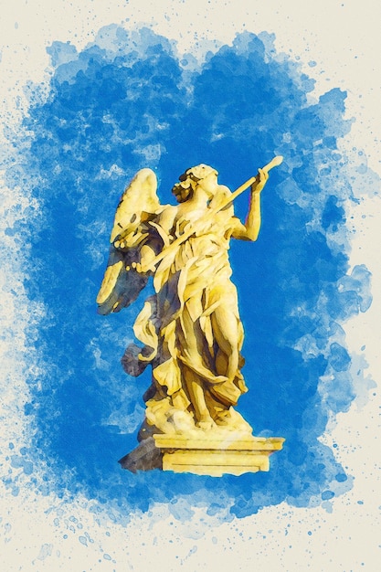 Waterverfschilderij van een heilig engelenstandbeeld met vleugels die een oorlogsspeer vasthouden bij de Saint Angel-brug, Rome.