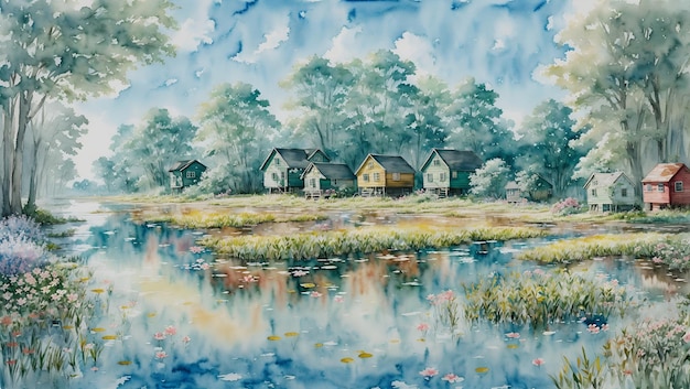 Waterverfschilderij van een houten huis op het oevergras en een moeras