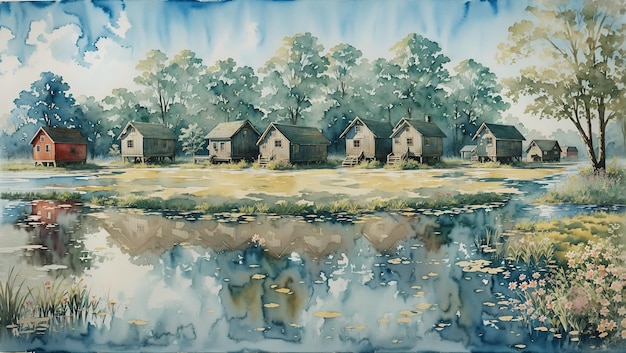 Waterverfschilderij van een houten huis op het oevergras en een moeras