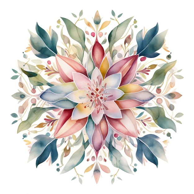 Waterverfschilderij van een symmetrische oudroze bloemenmandala met ingewikkelde botanische details