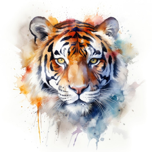 Waterverfschilderij van een tijger met prachtige natuurlijke vormen met scherpe, schone vormen kleurrijk op witte achtergrond Genereer Ai