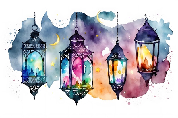 Waterverfschilderij van hangende Arabische lampen