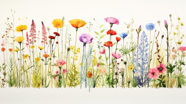 Waterverfschilderij van kleine bloemen in de lenteweide op witte achtergrond Generatieve AI