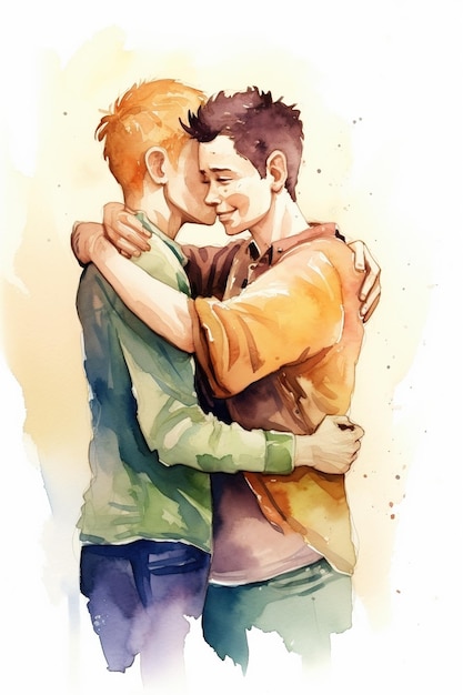 Waterverfschilderij van twee homoseksuele of niet-binaire mannen die knuffelen met regenboogkleuren voor pride-week LBGTQ