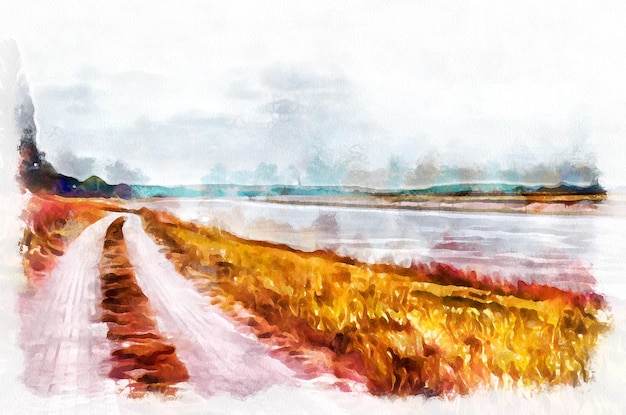 Waterverfschilderij voorstedelijk landschap in heldere zonnige dag Moderne digitale kunstimitatie van handgeschilderd met aquarelverf