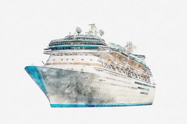 Waterverftekening van cruiseschip dat op witte moderne oceaanstomer wordt geïsoleerd als achtergrond
