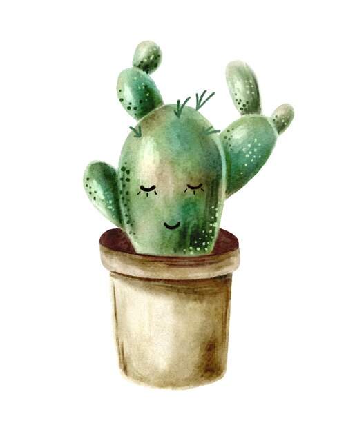 Foto waterverftekening van een cactus met ogen en een glimlach.