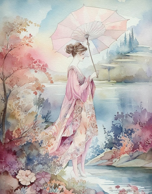 Waterverftekening van een mooi meisje in een kimono in een Japanse tuin roze en blauw
