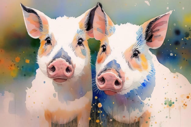 Waterverftekening van kleine varkens op een weiland Generatieve AI