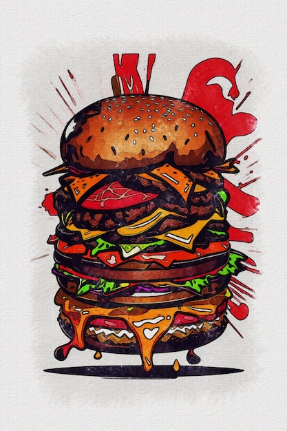 Waterverftextuur die een grote hamburgerillustratie schilderen