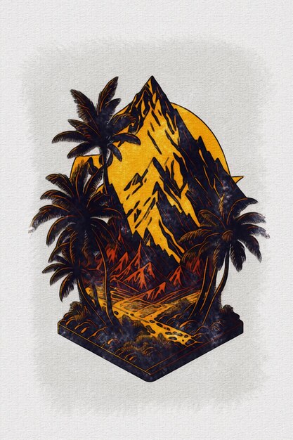 Waterverftextuur die zonsondergangberg en palmboomillustratie schilderen voor t-shirtontwerp