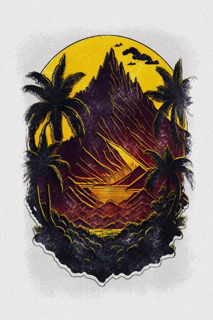 Waterverftextuur die zonsondergangberg en palmboomillustratie schilderen voor t-shirtontwerp