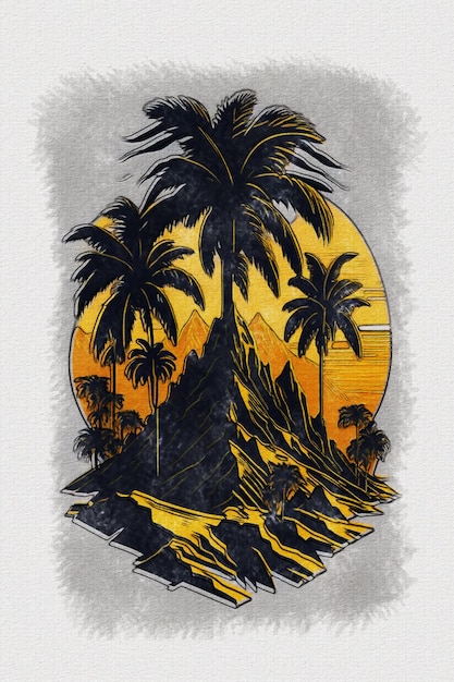 Waterverftextuur die zonsondergangberg en palmboomillustratie schilderen voor t-shirtontwerp