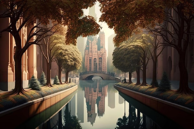 waterway adorned by trees and framed by towers