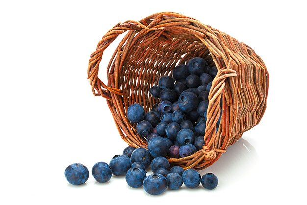 Watted basket with blueberry isolated on white background