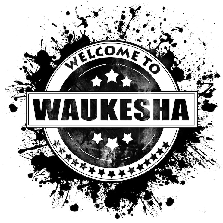 Foto waukesha stad zwarte rubberen postzegel geïsoleerd op een massieve witte achtergrond