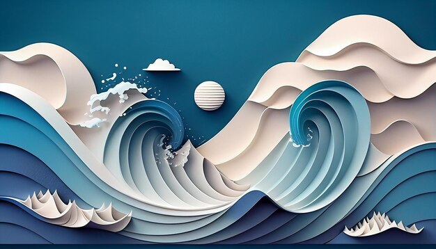 3D ペーパーカット スタイルの波の背景 ブルーウェーブ イラストの背景 ジェネレーティブ AI