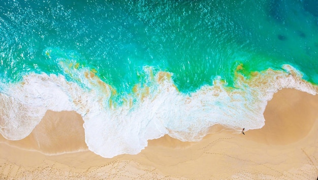 A wave on the beach with a blue ocean in the background.