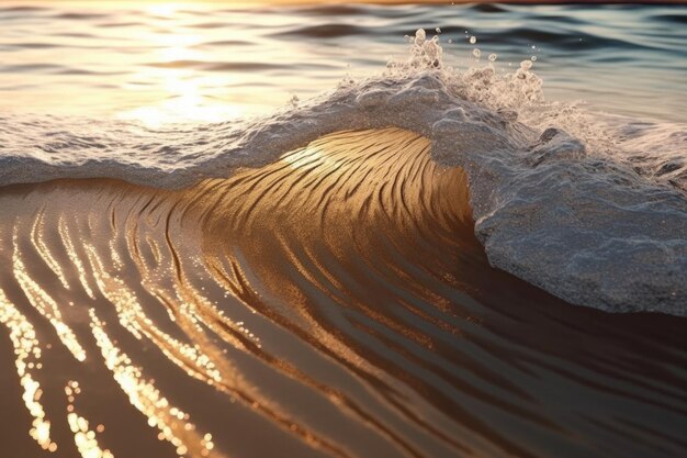 Foto un'onda sulla spiaggia con il sole che tramonta dietro di essa generative ai