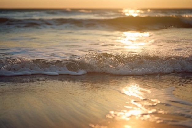 A wave on the beach with the sun setting behind it