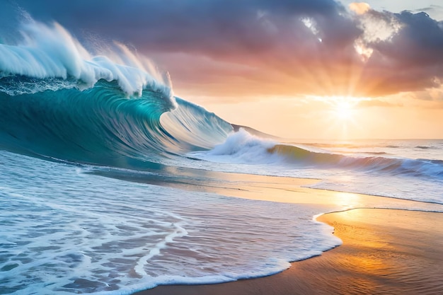 A wave on the beach with the sun shining on it