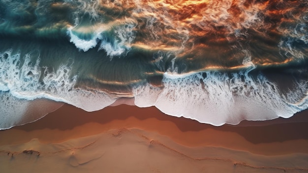 A wave on the beach with the sun shining on it